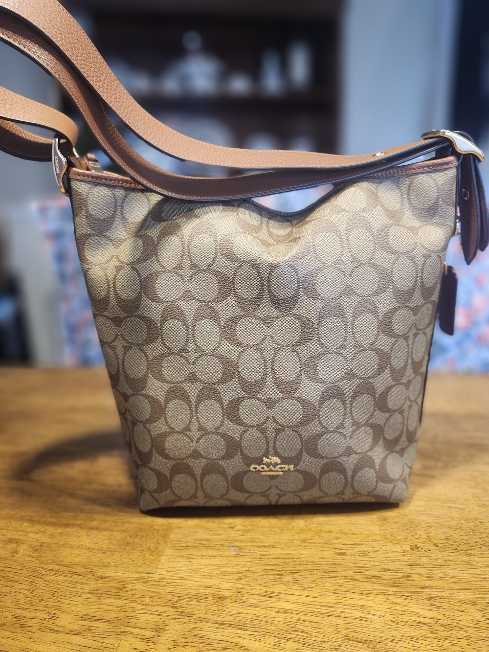Coach Brown Signature Canvas Shoulder Bag with Tan Leather Trim